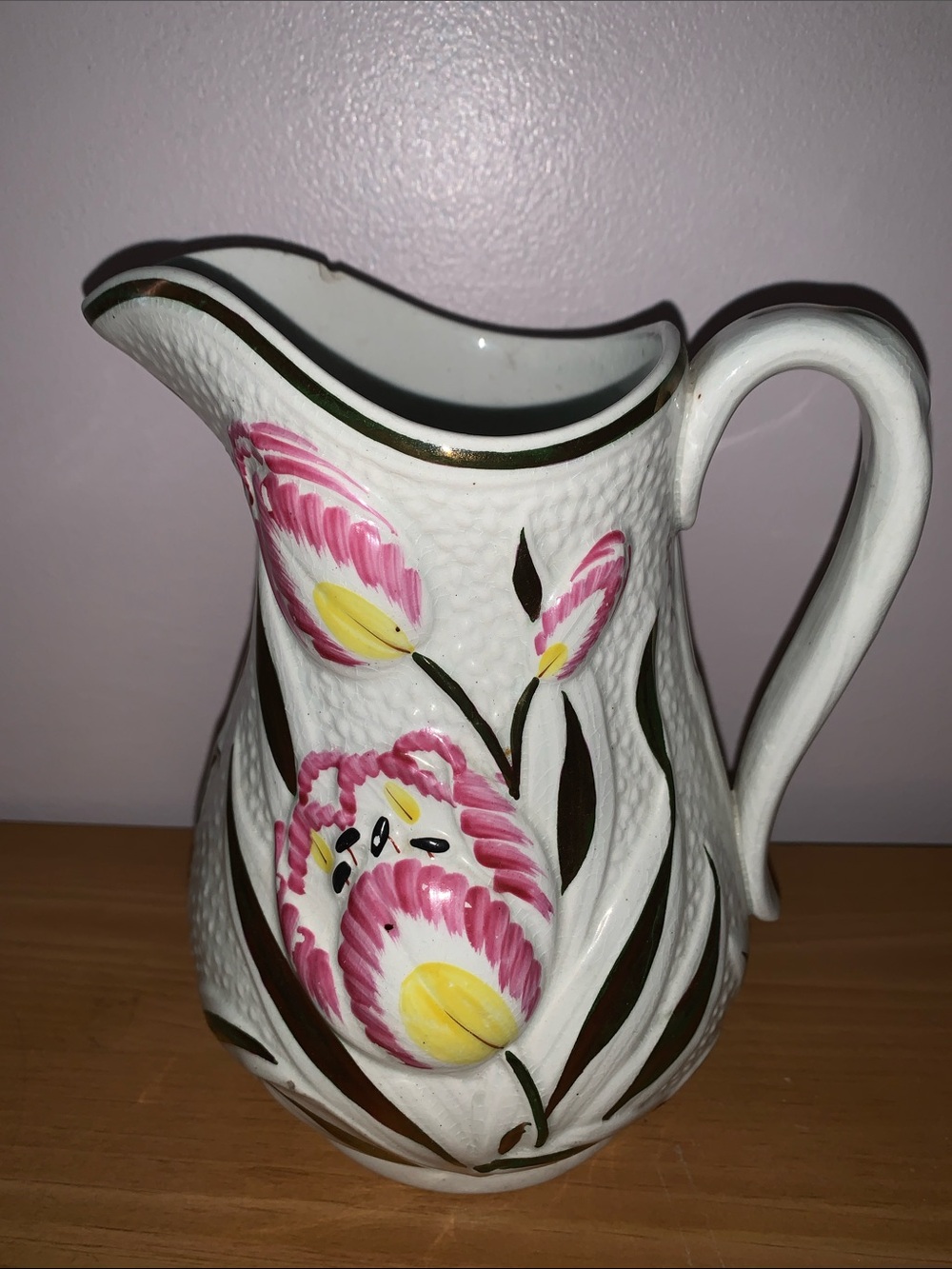 Hand-Painted Floral Pitcher - White & Pink with Bronze Detailing